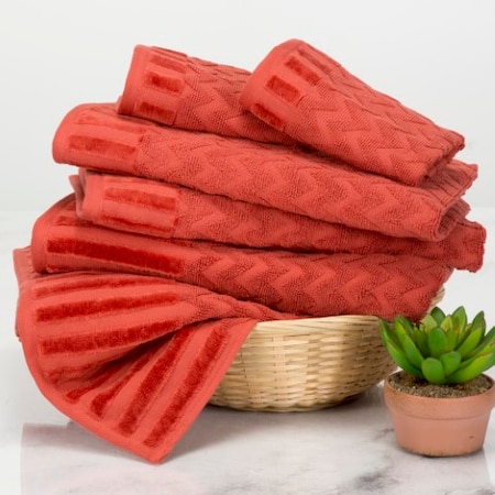 6-Piece Cotton Deluxe Plush Bath Towel Set, Chevron Pattern Spa Luxury Decorative Towels (Brick)